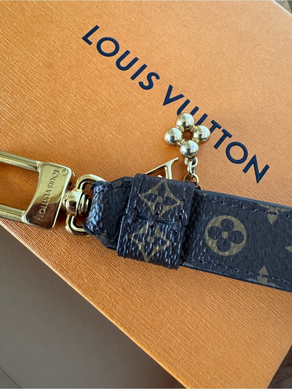 Louis Vuitton Brown Monogram Canvas Strap with Gold Charm LV Loop Dragonne